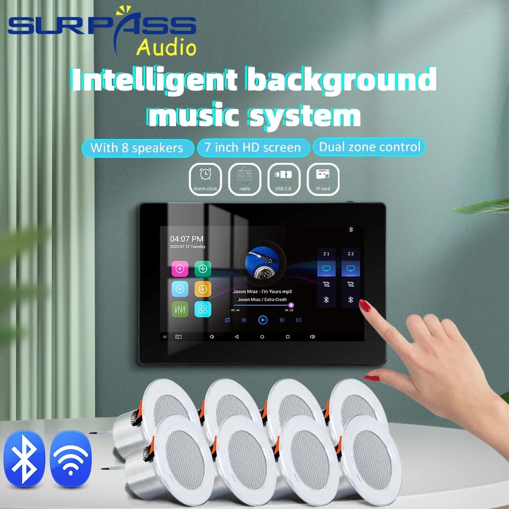 Sistema audio Home Theater WiFi Bluetooth Amplificatore da parete da 7 pollici Pannello Android 5.1 con mini altoparlante stereo da soffitto per palestra dell'hotel