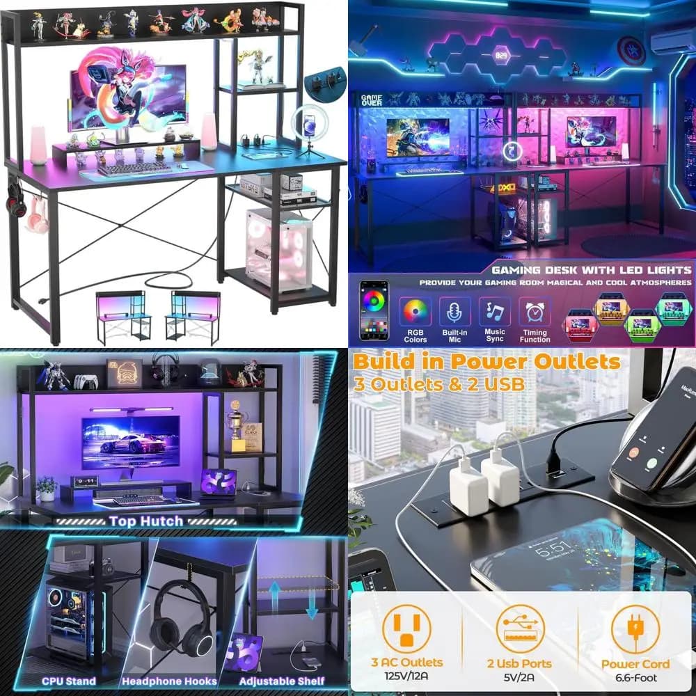 47 LED illuminated gaming desk with power sockets, 5-level storage and monitor support for compact black spaces