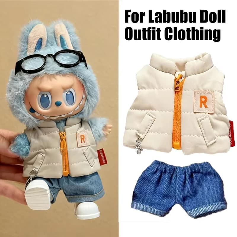 Per 15 17 centimetri Labubu Doll Tinta Unita Inverno Imbottiture Gilet Con Jeans Scarpe Completo Vestito Vestiti Color Blocking T-Shirt Abbigliamento