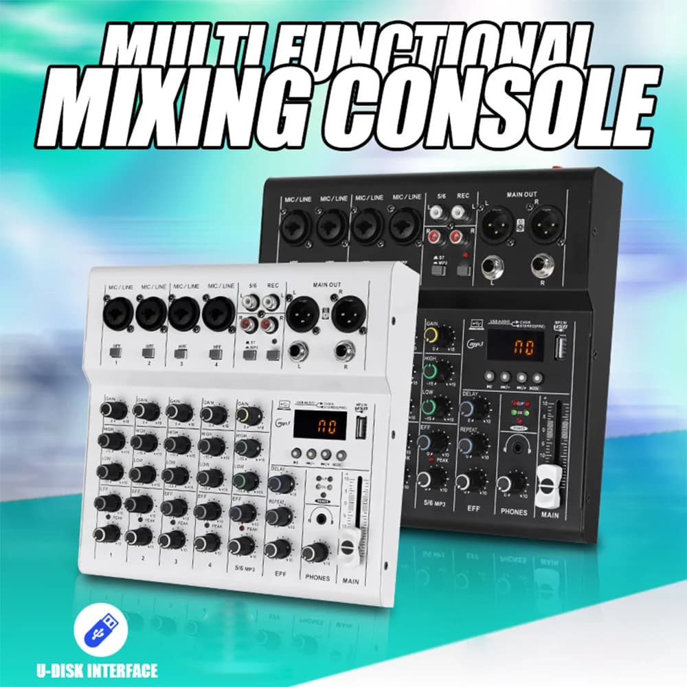 Mixer audio professionale a 6 canali per DJ e karaoke con interfaccia USB, scheda audio, Bluetooth e alimentazione phantom 48V per karaoke, feste e registrazione su PC