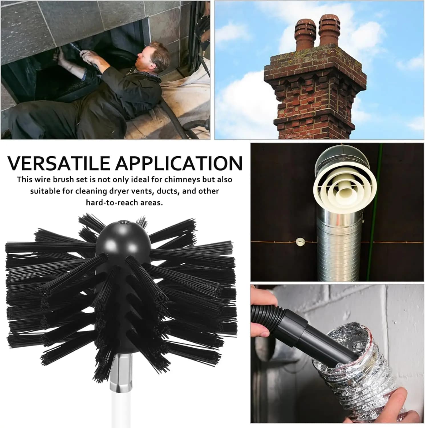 Flexible Chimney Brush Kit with 4Inch Brush Heads and Flexible Extendable Rods for Air Ducts Dryer Vents and Kitchen Cleaning