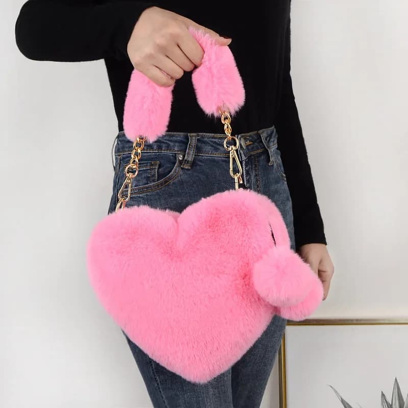 Valentine's Day/Eid/New Year Gift - Korean-Style Faux Rabbit Fur Handbag, Crossbody Heart-Shaped Bag for Girls and Children