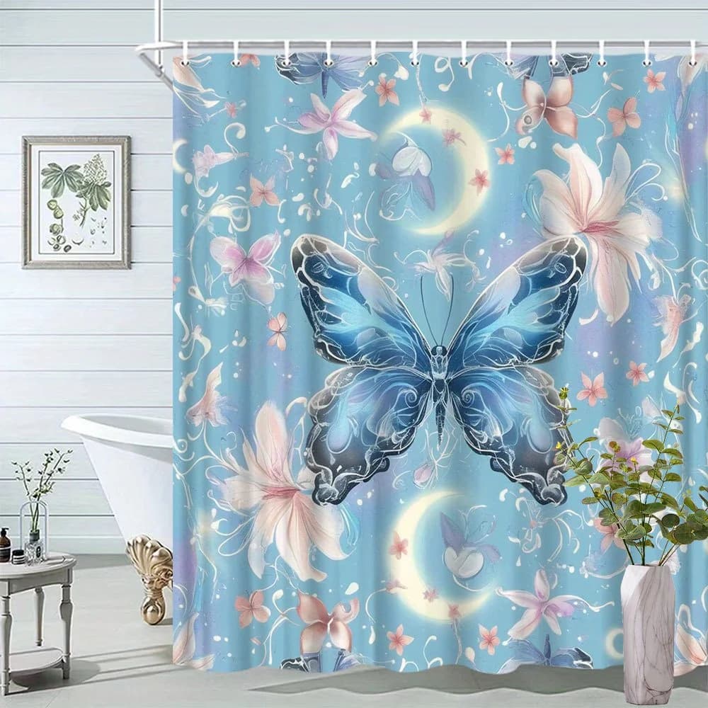 Tenda da doccia con motivo a farfalla: tema romantico di farfalle blu, fiori e luna, tessuto in poliestere, arredamento per il bagno