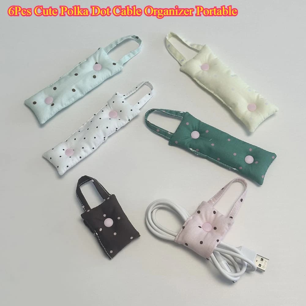 6Pcs Cute Polka Dot Cable Organizer Portable - Snap Button Charging Earphone Wire Storage Bag Hanging Ties