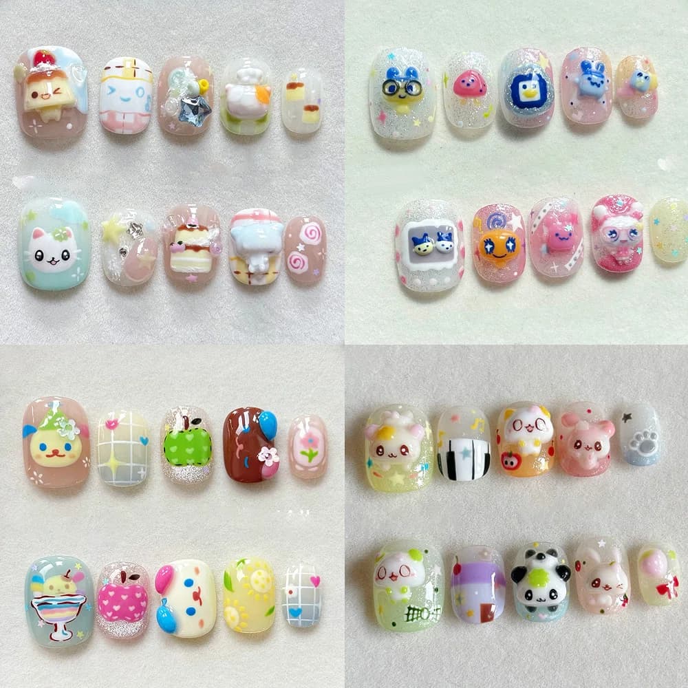 Cute Kawaii Girlish Style Animal Dessert Pastel 3D Short Fake Nails Star Dot Heart Apple Glitter Nail Art Hand Ornament Gift