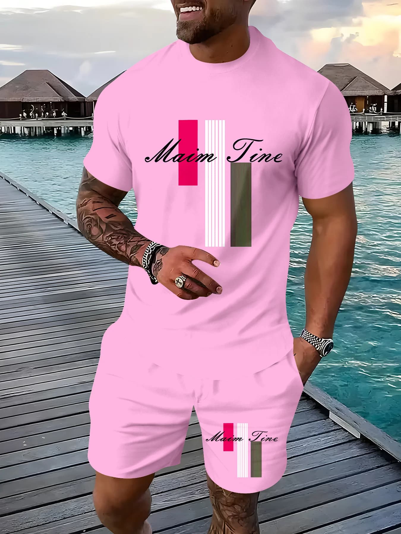 Hawaii Holiday Men's Beach T-Shirt and Shorts Set of 2 Pieces Summer Plus Size Breathable Short Sleeve Tee and Shorts Suit