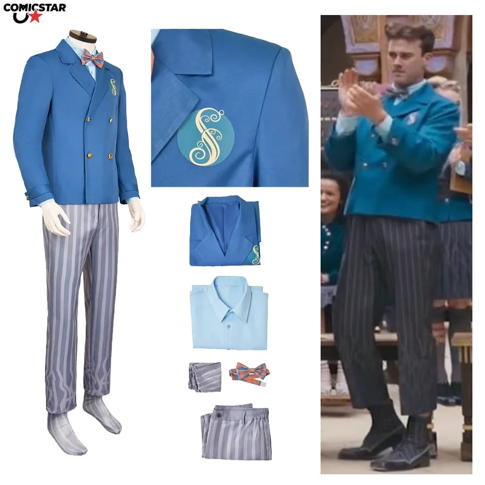 Wicked Movie Fiyero Boq Costume Cosplay Blu Uniforme scolastica Uomini Travestimento Fantasia Vestito Papillon Calzino Vestito di Carnevale di Halloween