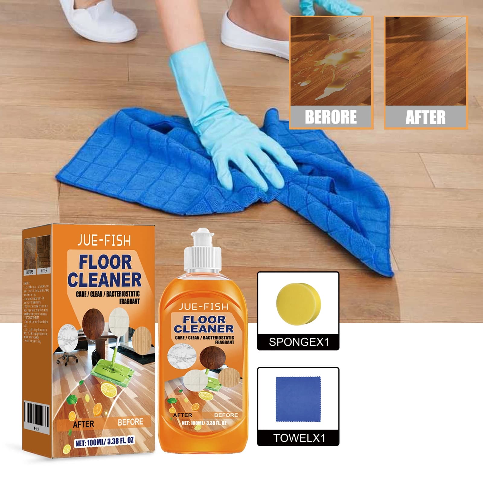 Jue Fish Set of floor cleaners for cleaning, descaling, cleaning of wood floors, polishing, clearing, ceramic tile cleaner, delicate and safe