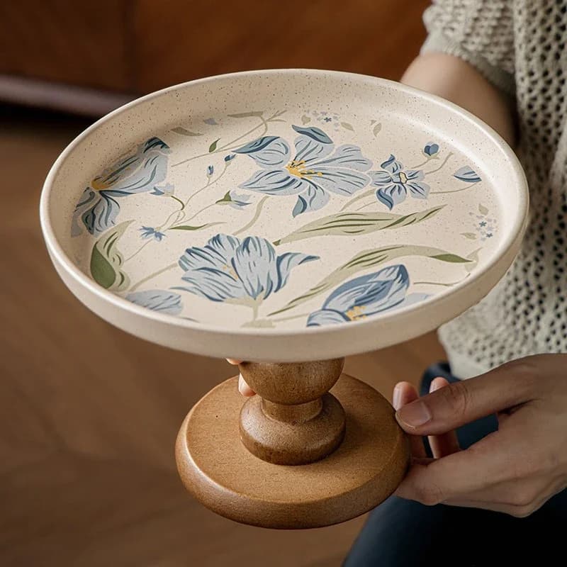 Chinese Wooden High-legged Plate Fruit Tray Retro Cake Plate Desktop Storage Container Decorative Tray Kitchen Organizer