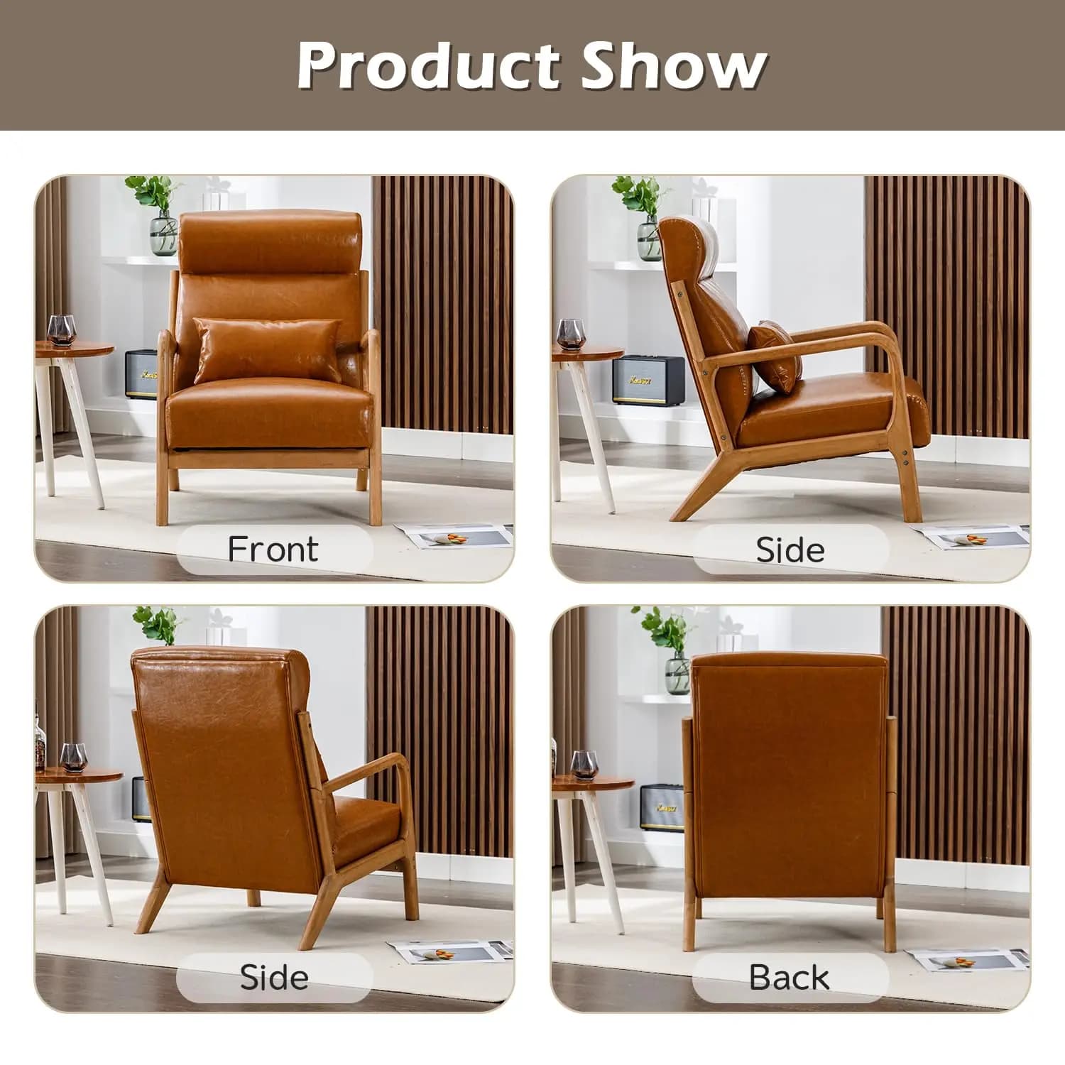 Poltrona Moderna Stile Mid-Century con Schienale Alto, Sedia da Lettura in Pelle PU con Cuscino Lombare, Imbottita in Legno, Personalizzabile