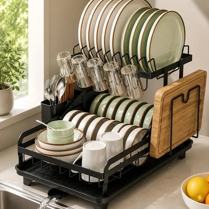 Multifunctional 2 Tier Dish Drying Rack Large Capacity Kitchen Countertop Organizer with Auto Drainboard System Space Saving Dish Drainer Storage Shelf Holder for Plates Bowls Cups Cutting Board Utensils