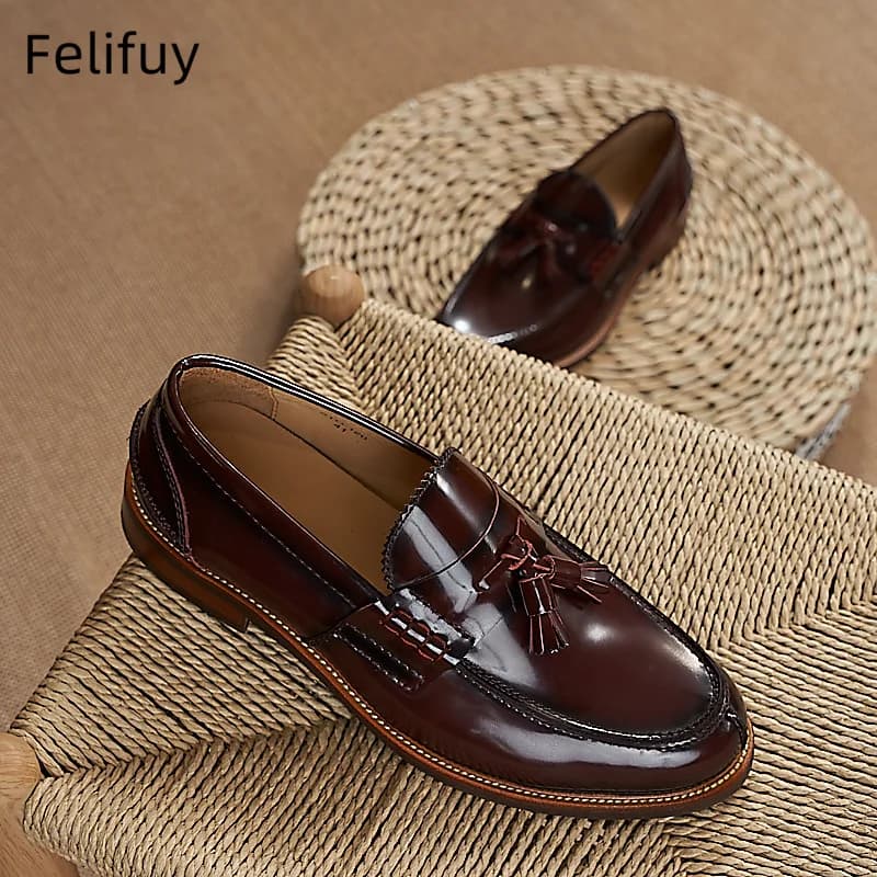 Mocassini piatti da uomo in vera pelle con nappe, scarpe casual da uomo marroni con frange, comode e traspiranti, scarpe eleganti da lavoro
