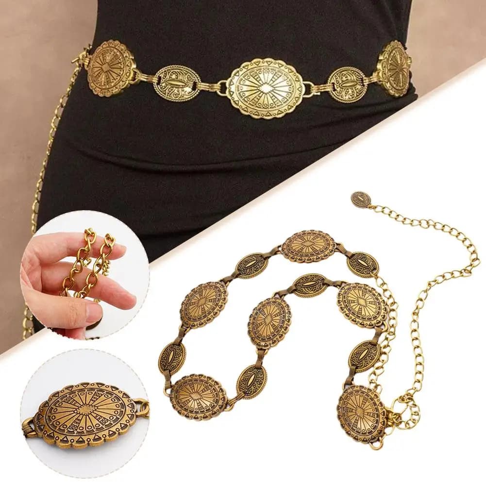 Metal Chain Belt for Women Cowgirl Chain Belts West Country Adjustable Belt Concho for Menswear Jeans Metal Chain T0B8