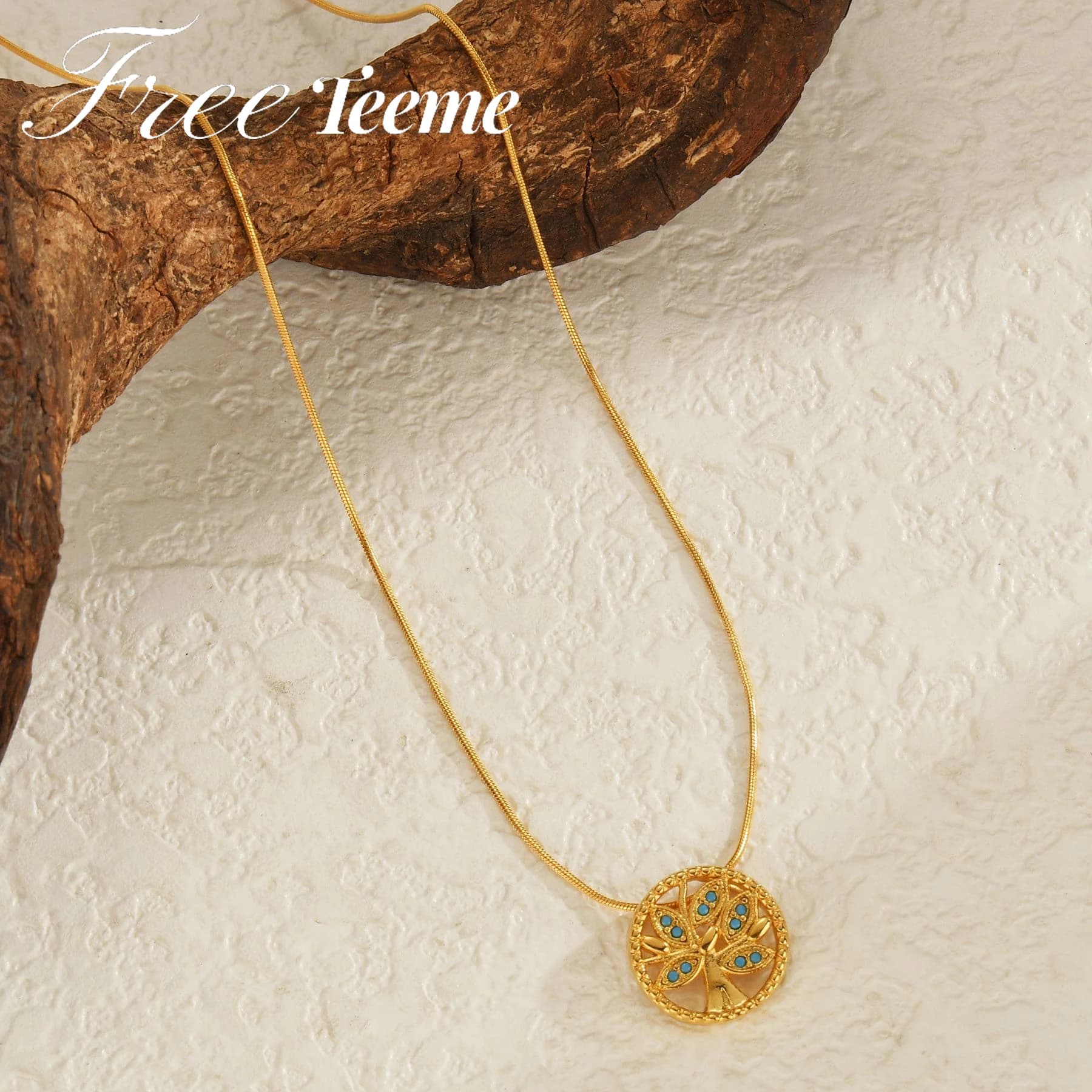 Freeteeeme New Life Tree Necklace for Women Stainless Steel Green Stone Snake Chain Pendant Neck Jewelry Accessories man Gift