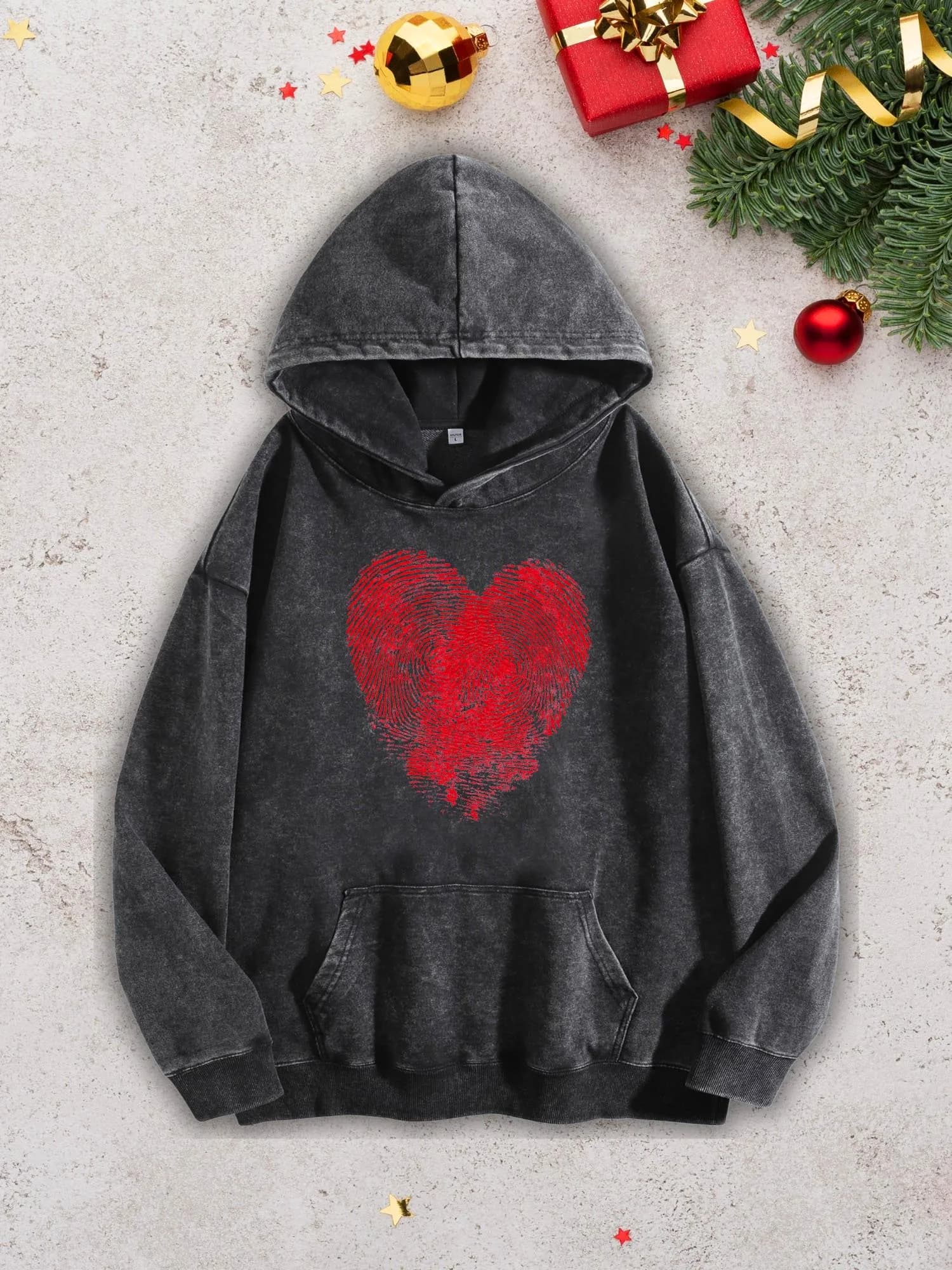 Men's heavy hoodie with red heart with fingerprint - Black retro pullover with acid washing, autumn winter sweatshirt 400G/m2