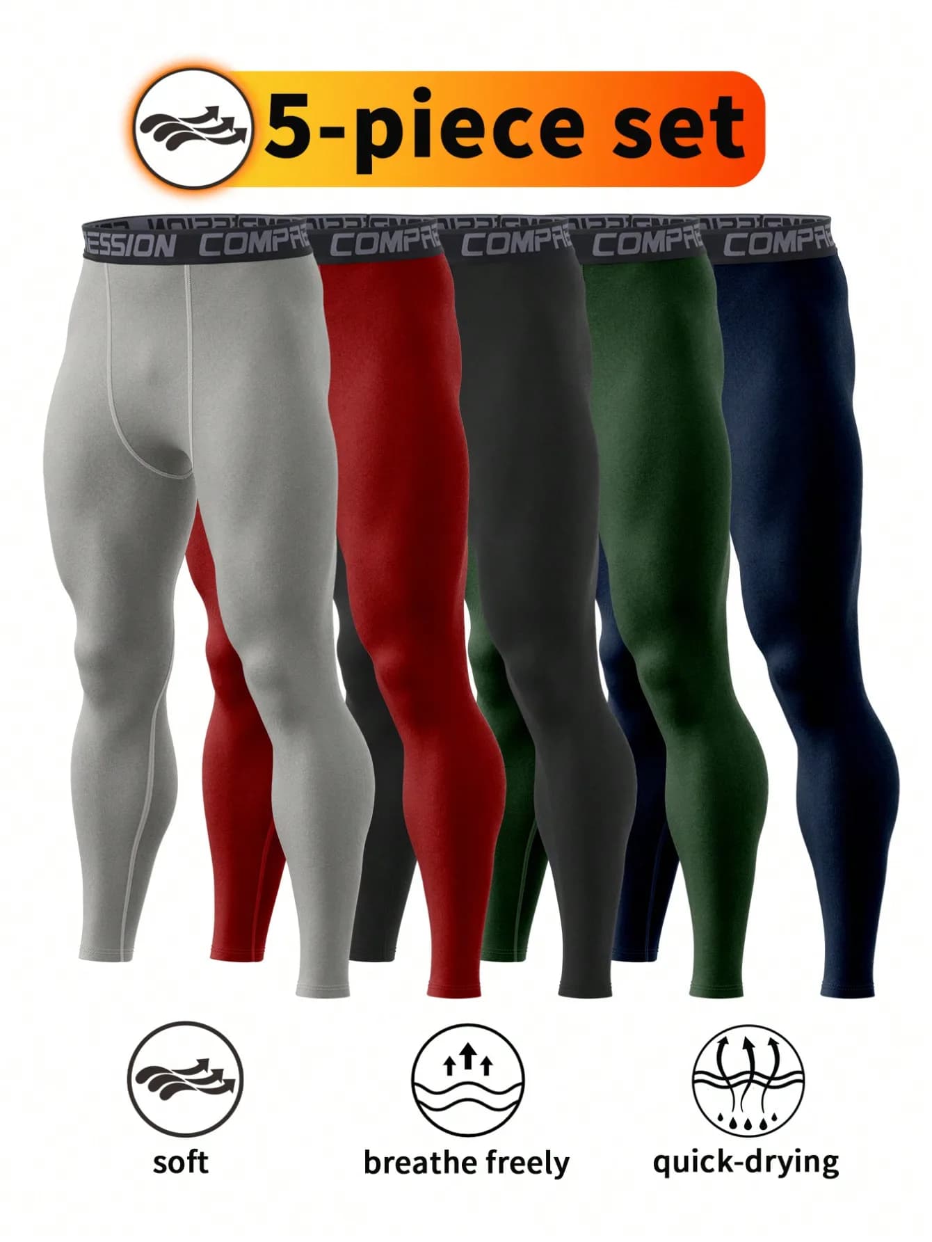 Confezione da 5 leggings a compressione da uomo - Strato base sportivo morbido, traspirante e ad asciugatura rapida