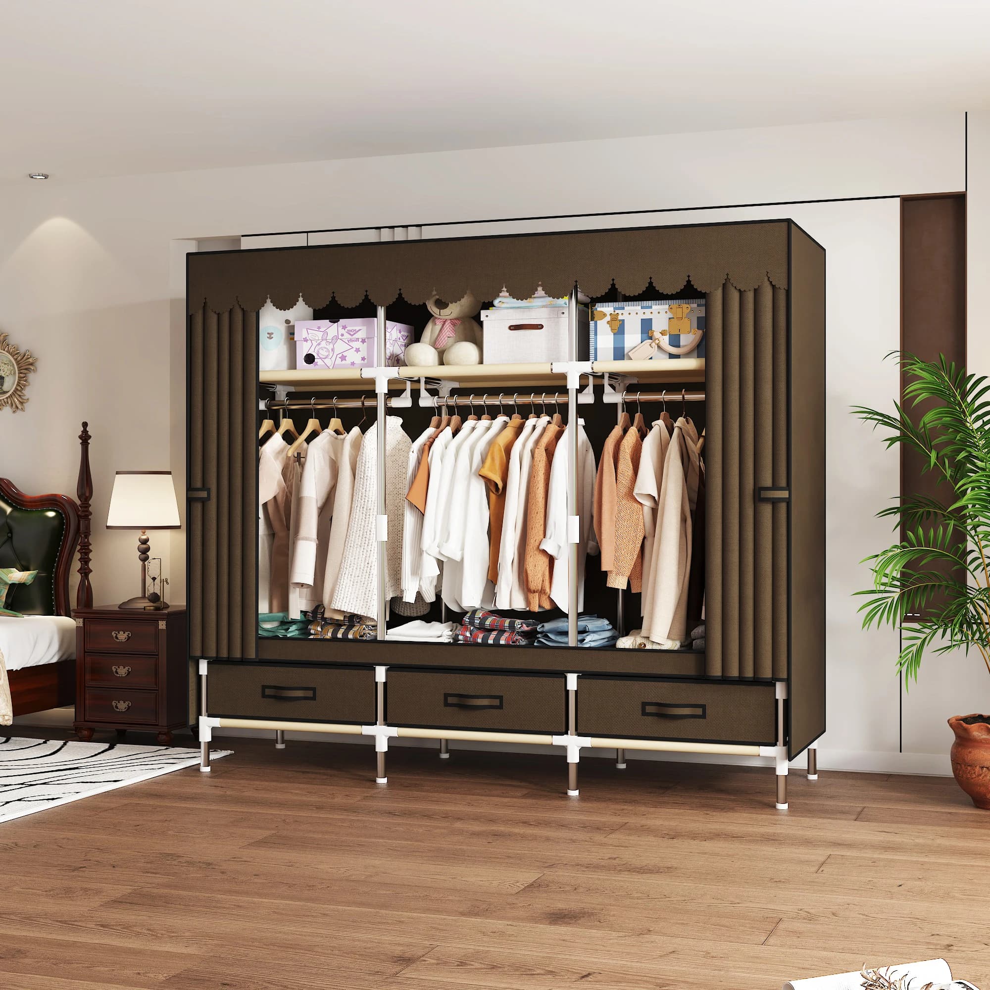 Portable cabinet with 3 hanging rods and 6 storage shelves - reinforced alloy steel frame, easy to mount, canvas curtain cover