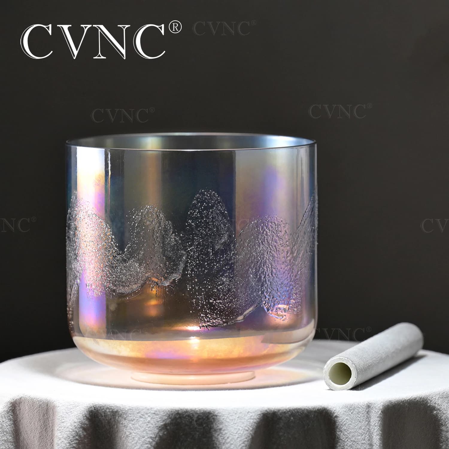 CVNC 6 Inch Dawn Flowing Sand Clear Quartz Crystal Singing Bowl Cosmic Light for Meditation and Sound Healing with Mallet