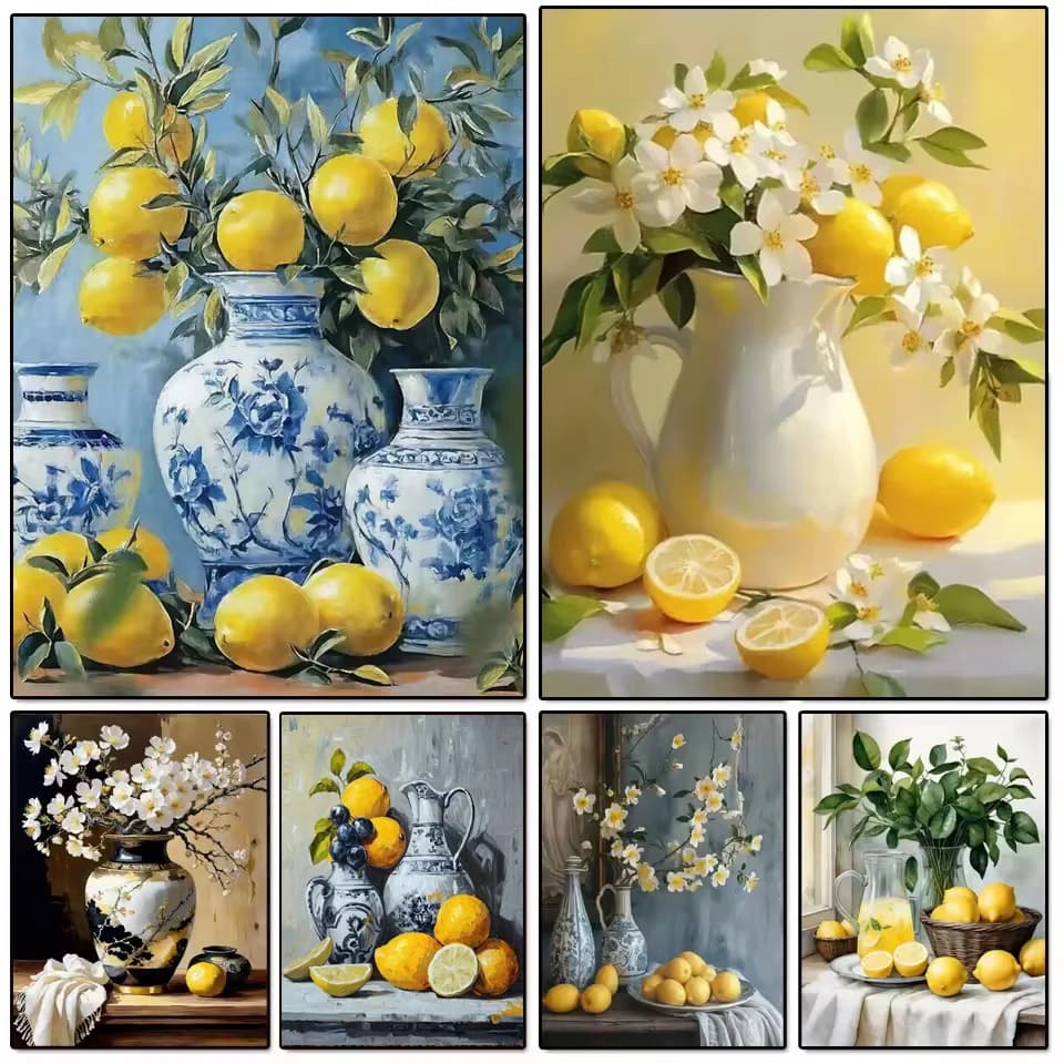 Pittura artistica diamante fai da te Nuovo kit punto croce Vaso di limone Melograno Mosaico completo Ricamo Immagine Decorazione della cucina di casa