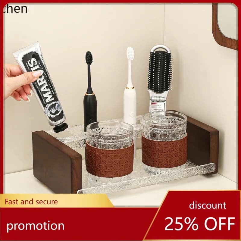 Set porta spazzolino da denti Zml con motivo a fiore di begonia, con tazza, portaoggetti in legno per lavabo del bagno