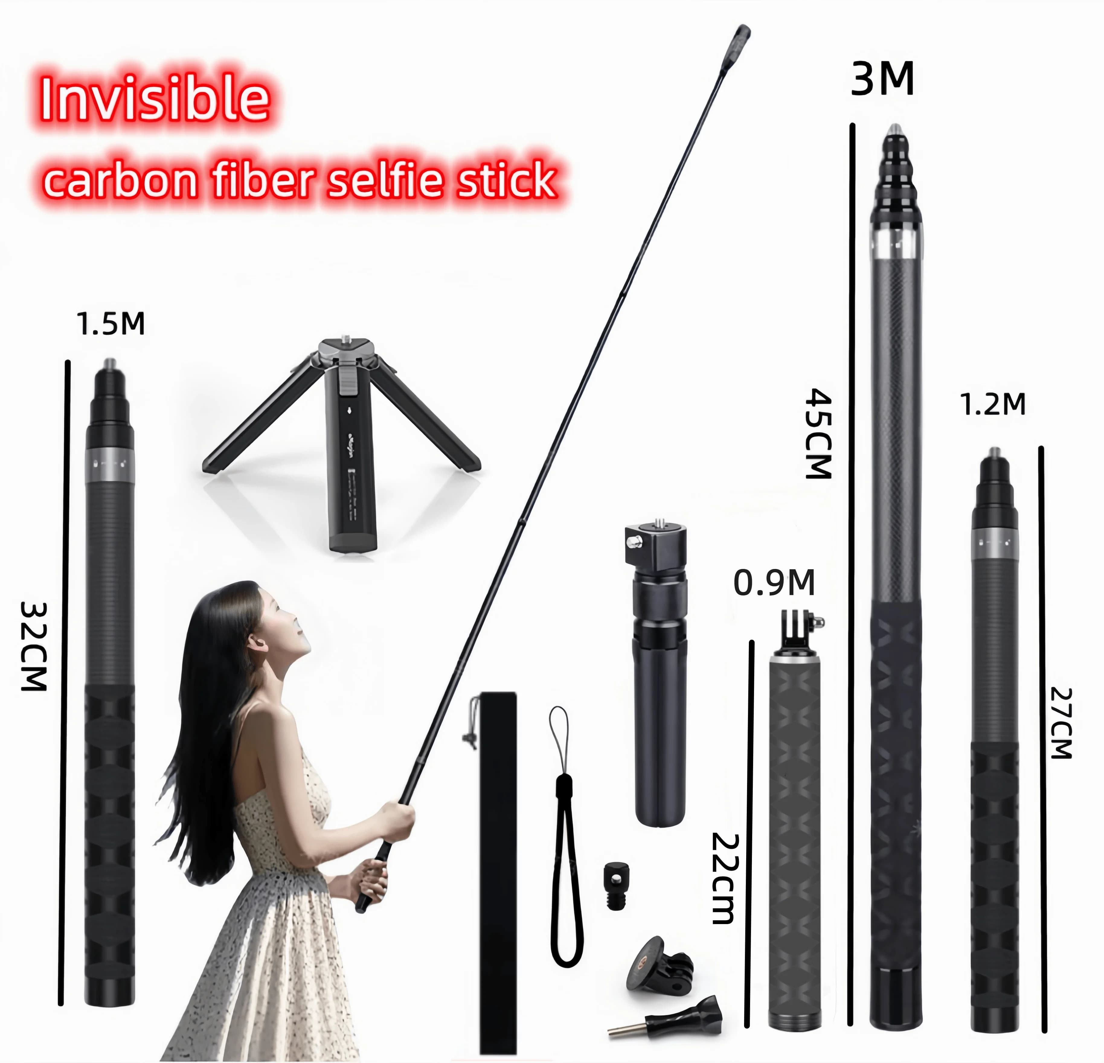 M/1.2M Invisible Selfie Stick Carbon Fiber Extended Monopod 47.2" Long Pole for DJI Osmo 360/Nano/Action 6 5 4 3/Insta360