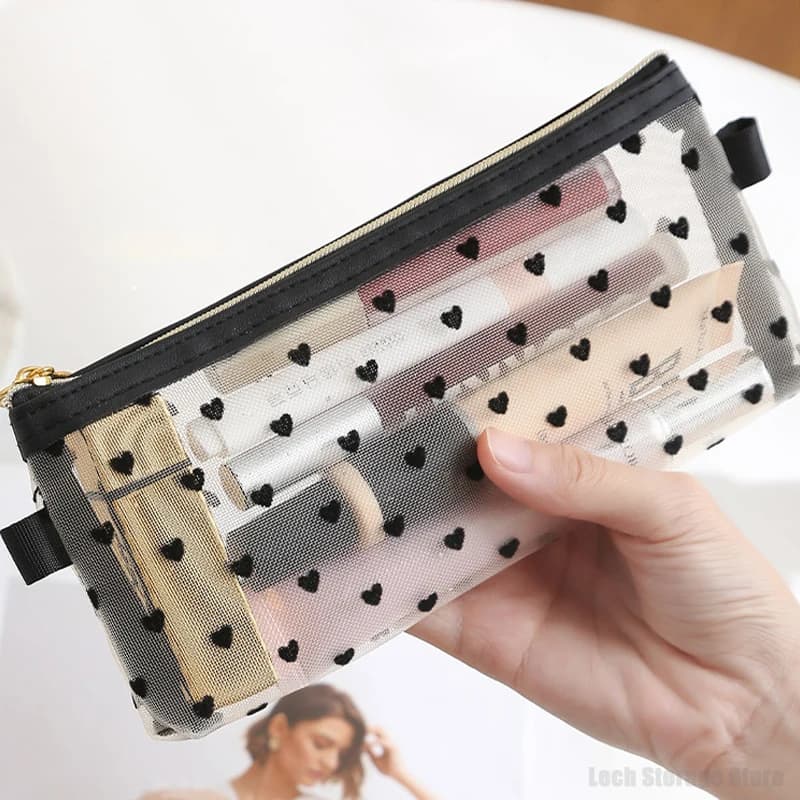Fashionable cosmetic bag in net with love heart for girl, to wash toiletries, makeup bag, transparent case for women lipstick