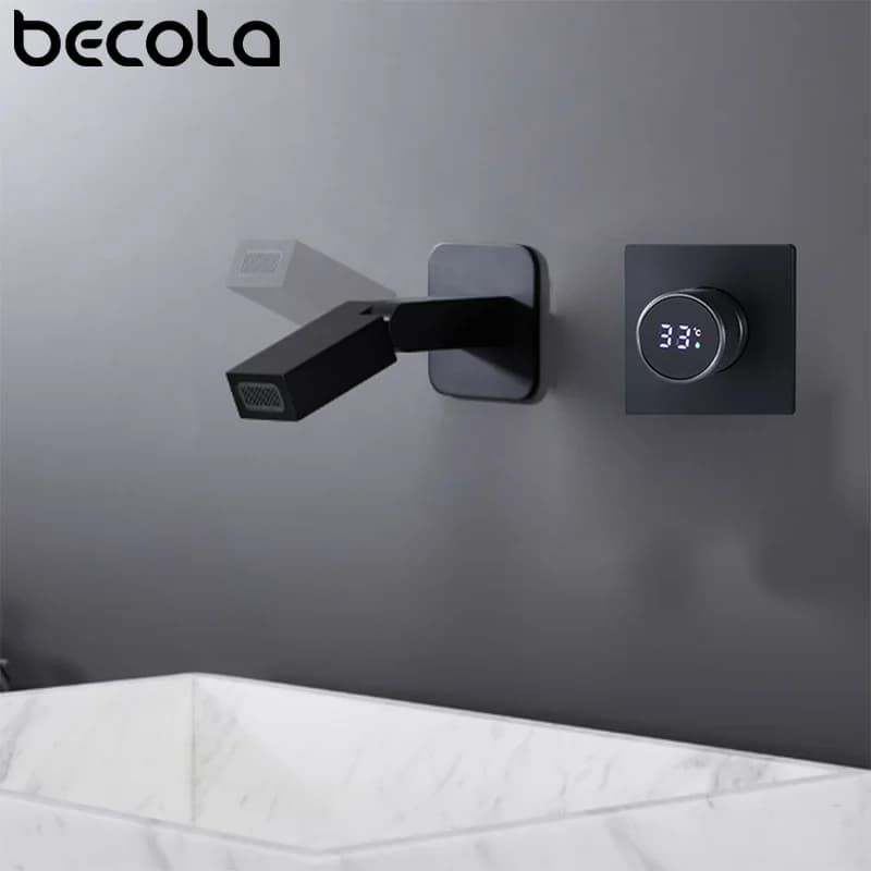 Rubinetto da parete Becola con display digitale della temperatura, maniglia singola, interruttore circolare, rubinetto per lavabo acqua calda e fredda