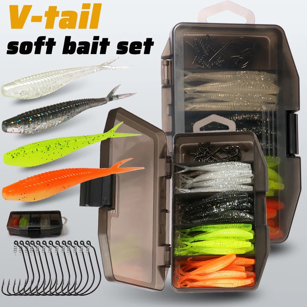 61 Pieces Set Rectangular Soft Fish 7 Centimeters V Coda Verme Manovella Hook Fishing Equipment Metal box Jig Bait Fishing Gear Swimbait Kit