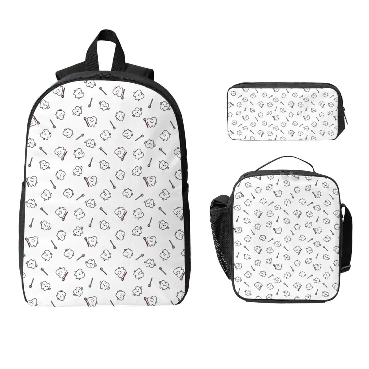 Funny Teeth. Cute Tooth Art. Dentist Backpack BookBag School Bag Computer Shoulder Bags 3ps Insulated Lunch Bag Pencil Case