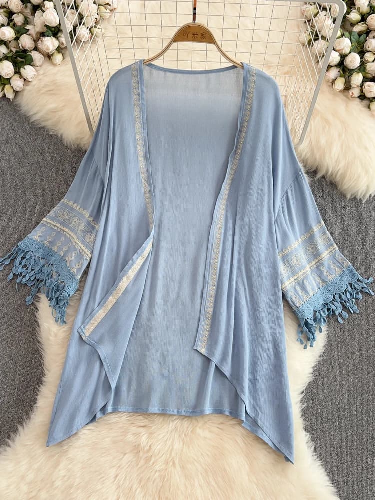 Nuovo Cardigan Estivo Coreano a Mezza Lunghezza con Maniche a Pipistrello e Frange, Bianco, Protezione Solare, Cardigan Aperto da Donna, Sottile e Casual