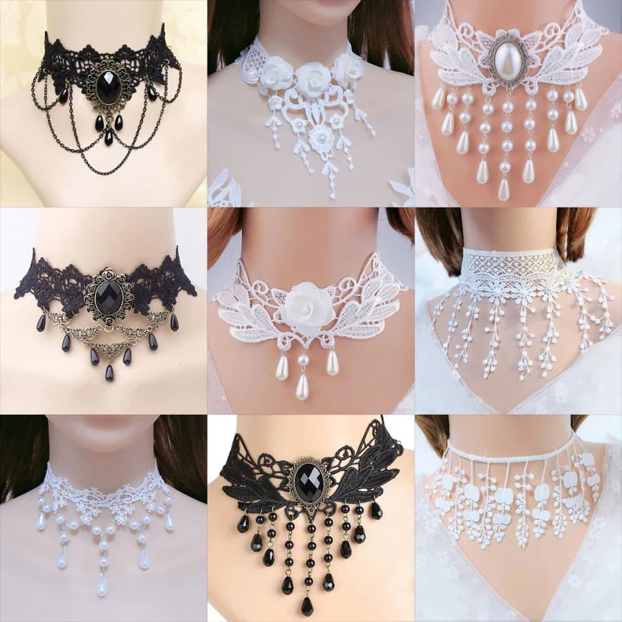 Collana girocollo da donna con foglie e nappe, accessorio gioiello per il collo, in pizzo gotico vintage, sexy, alla moda, con perline di velluto e fiori a rosa