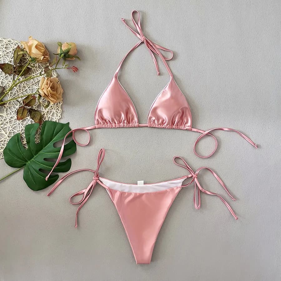 bikini sexy in raso rosa glitter halter cravatta string set due pezzi perizoma fasciatura costume da bagno costume da bagno costumi da bagno biquini tankini