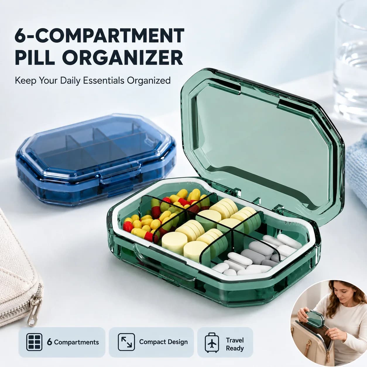 6 Compartment Portable Pill Organizer Case Travel Medicine Storage Box for Vitamins Tablets Capsules Daily Use