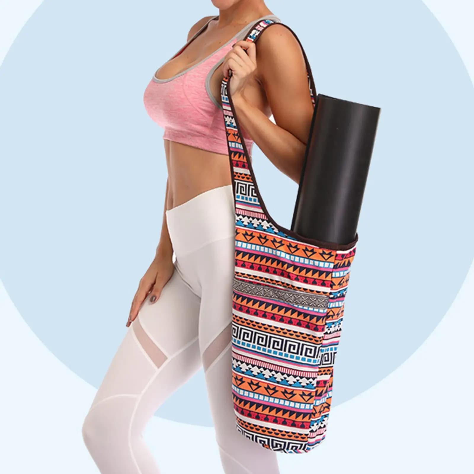 Floral Printed Canvas Yoga Mat Bag Wide Strap Tote Yoga Equipment Accessory for Exercise and Pilates