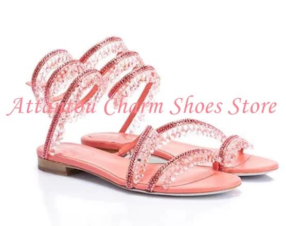 Sandali piatti da donna con cinturino a serpente in cristallo Bling Bling, sandali casual da donna con perline e strass, scarpe eleganti sexy