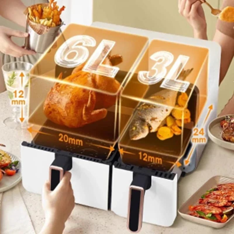 Multifunctional automatic oven-in-one electric fryer, large capacity 9L household air fryer with double compartments