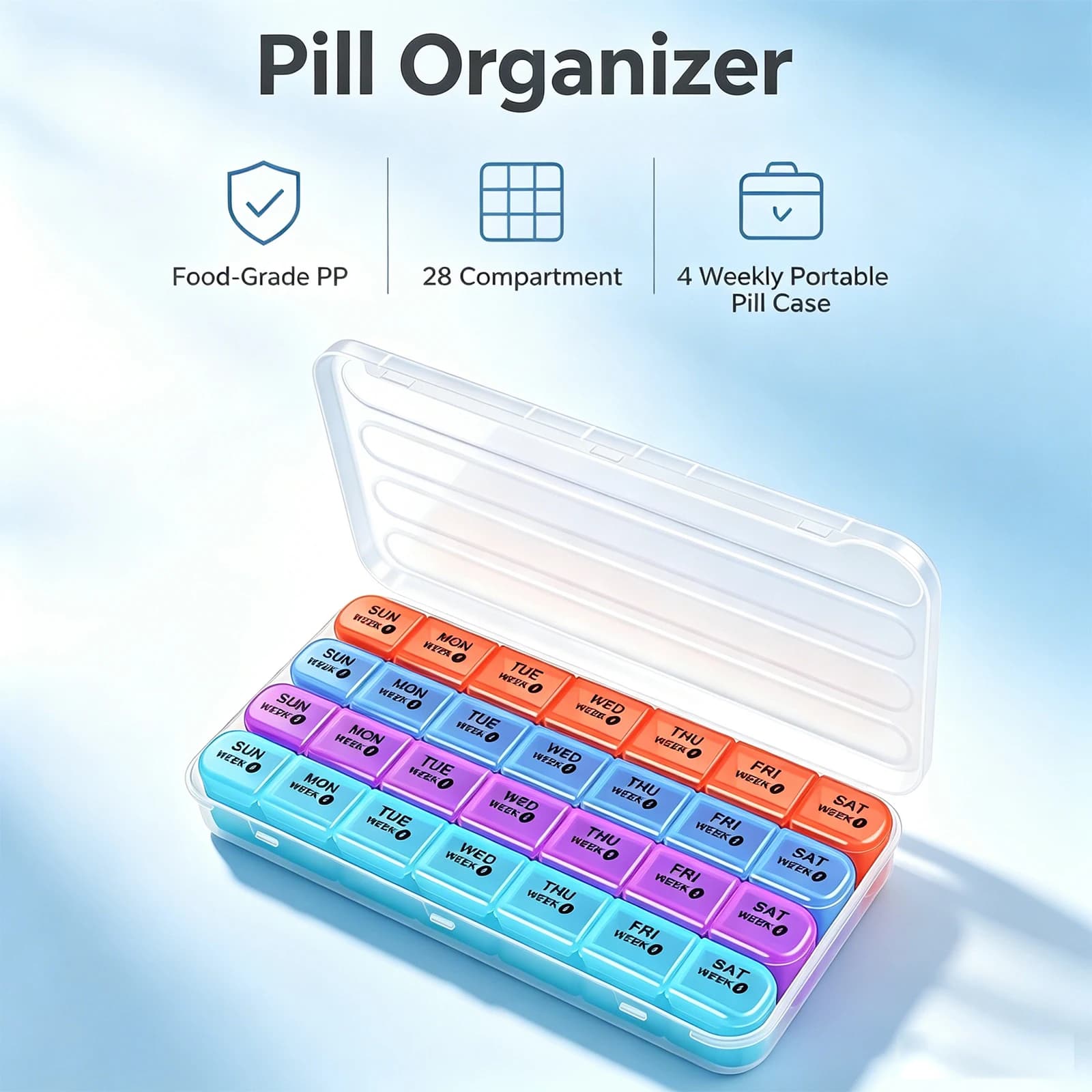 28-Compartments Pill Cases 4 Weekly Portable Travel Pill Organizer for Vitamins Medicine Supplement Food-Grade PP Large Pill Box