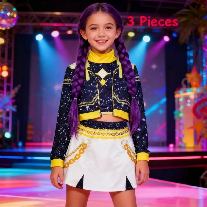 Set of 3 pieces for girls with sparkling chain in Korean style: soft and breathable jacket, vest and dance skirt, for