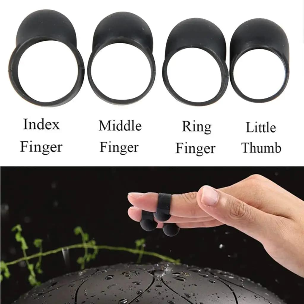 Plettri per dita a tamburo con linguetta in acciaio, strumento a percussione per padella a mano con maniche a dito in Silicone (4 pezzi)