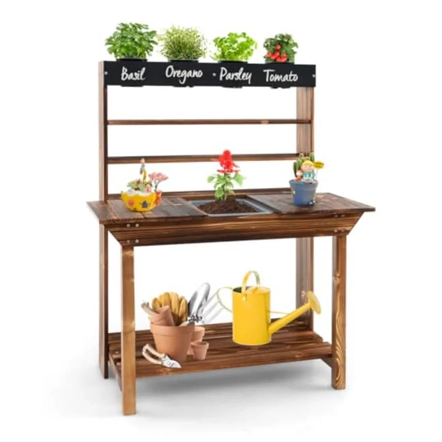 Tavolo da Giardinaggio in Legno con 4 Vasi, Lavagna, Lavello Rimovibile, Ampie Mensole Portaoggetti, per Esterni e Giocattoli