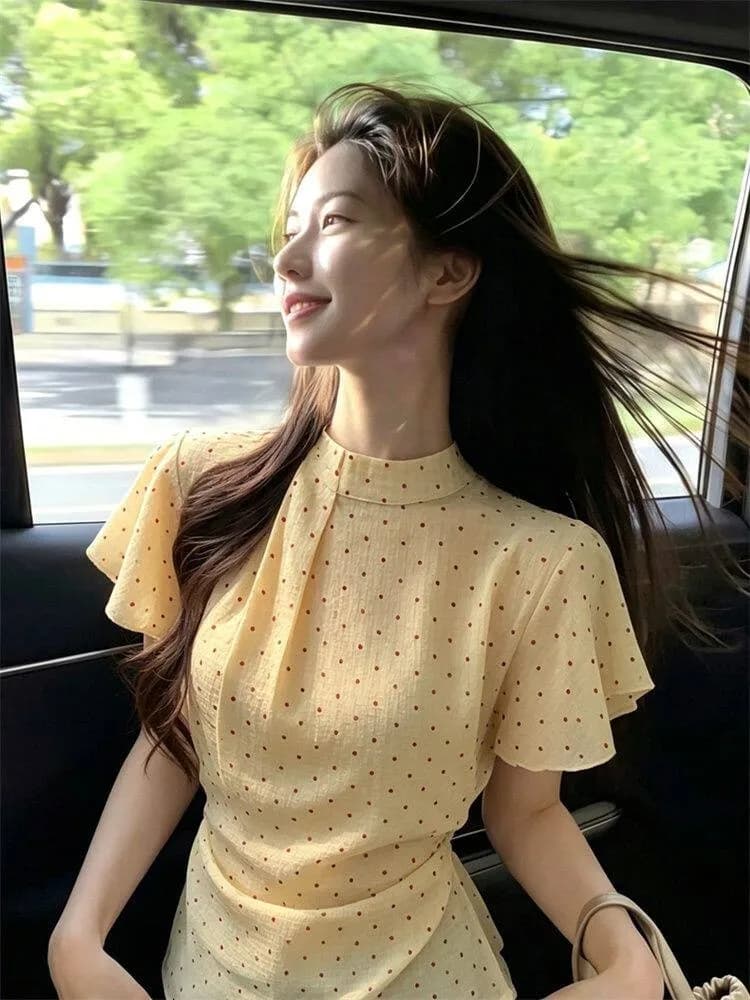 Sweet Yellow Polka Dot Short Sleeve Shirt Women's Summer Slim Fit Waist Cinching Tie Belt Versatile Top Casual Style round Neck