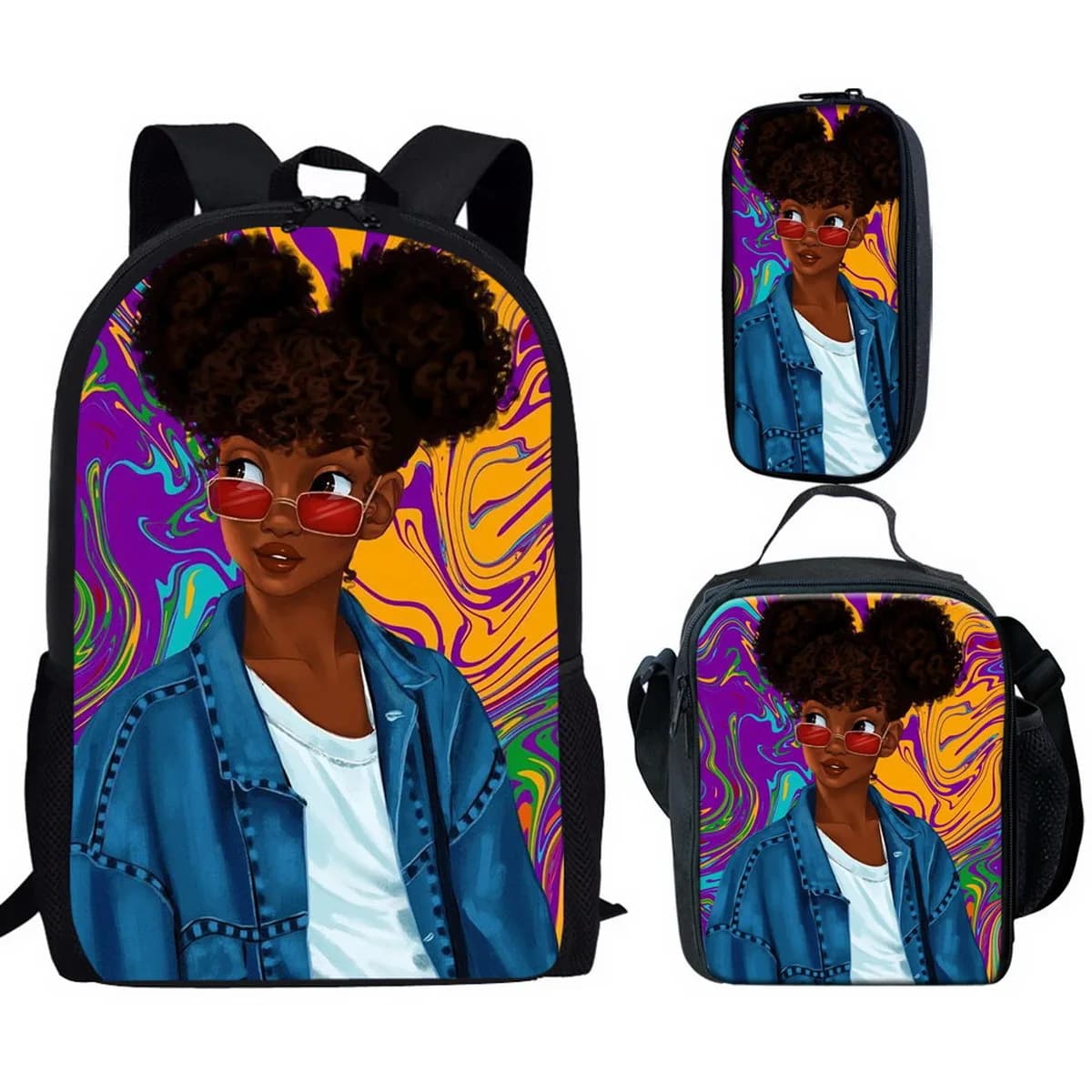Trendy Popular Peculiar New African girl 3D Print 3pcs/Set Student School Bags Laptop Daypack Backpack Lunch bag Pencil Case