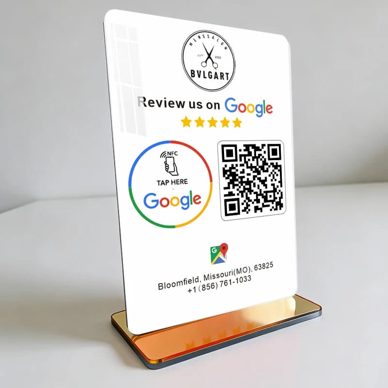 Targa da Tavolo in Acrilico NFC Personalizzata con Stampa, per Recensioni Google, Menu Instagram, Supporto in Materiale Acrilico NFC