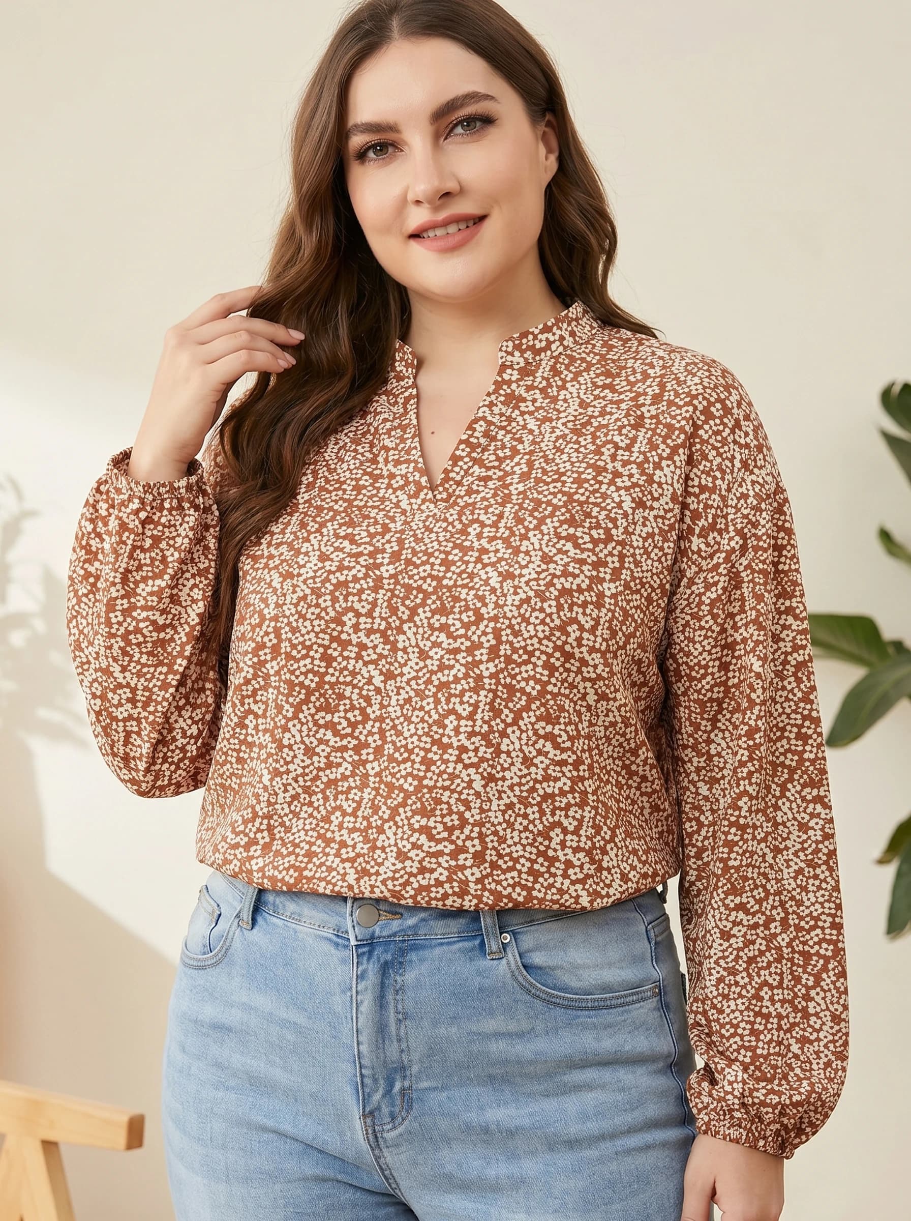 Camicetta da donna Gadinus taglie forti con stampa floreale, maniche lunghe, scollo a V, tunica casual ampia