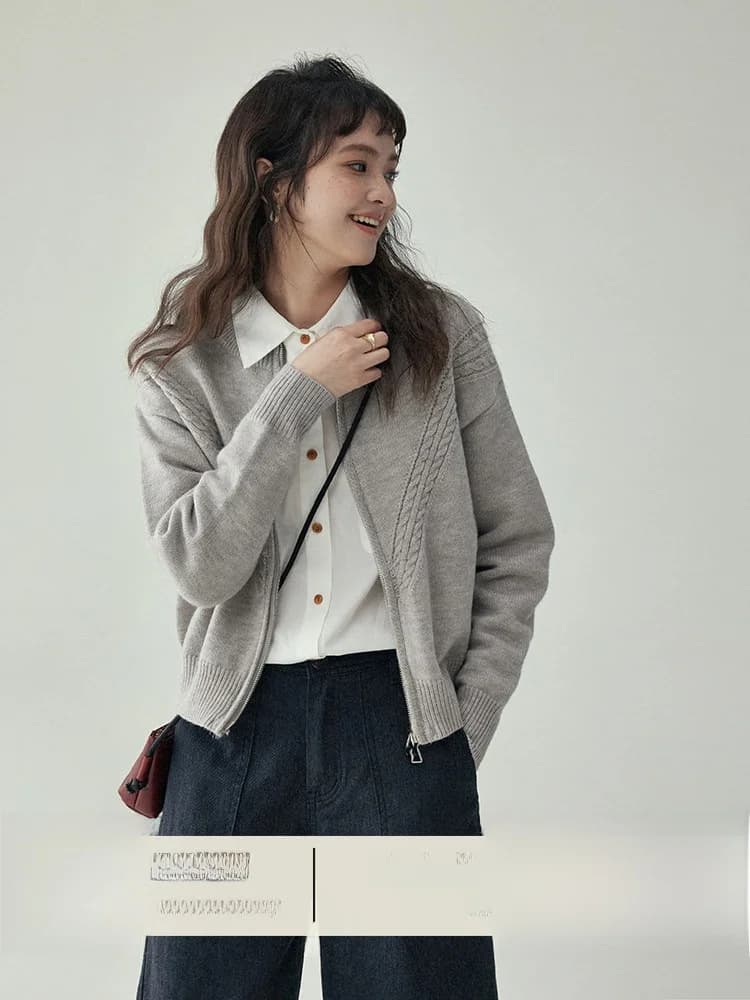 North Island AMUU Original Japanese Style round Neck Double Zipper Short Knitted Open Cardigan Casual Sweater Jacket for Women