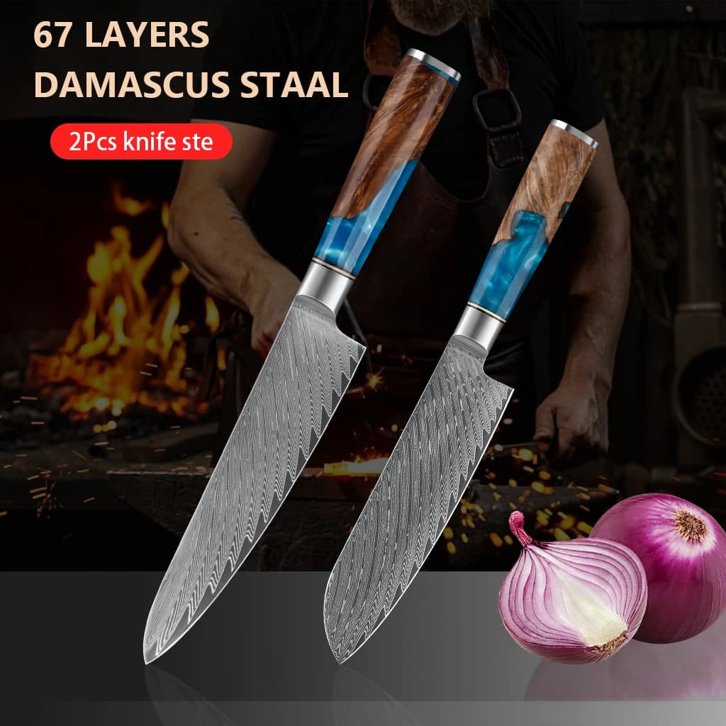 Kitchen Knives-Set Damascus Steel Chef Knife Santoku Knife Blue Resin Handle set