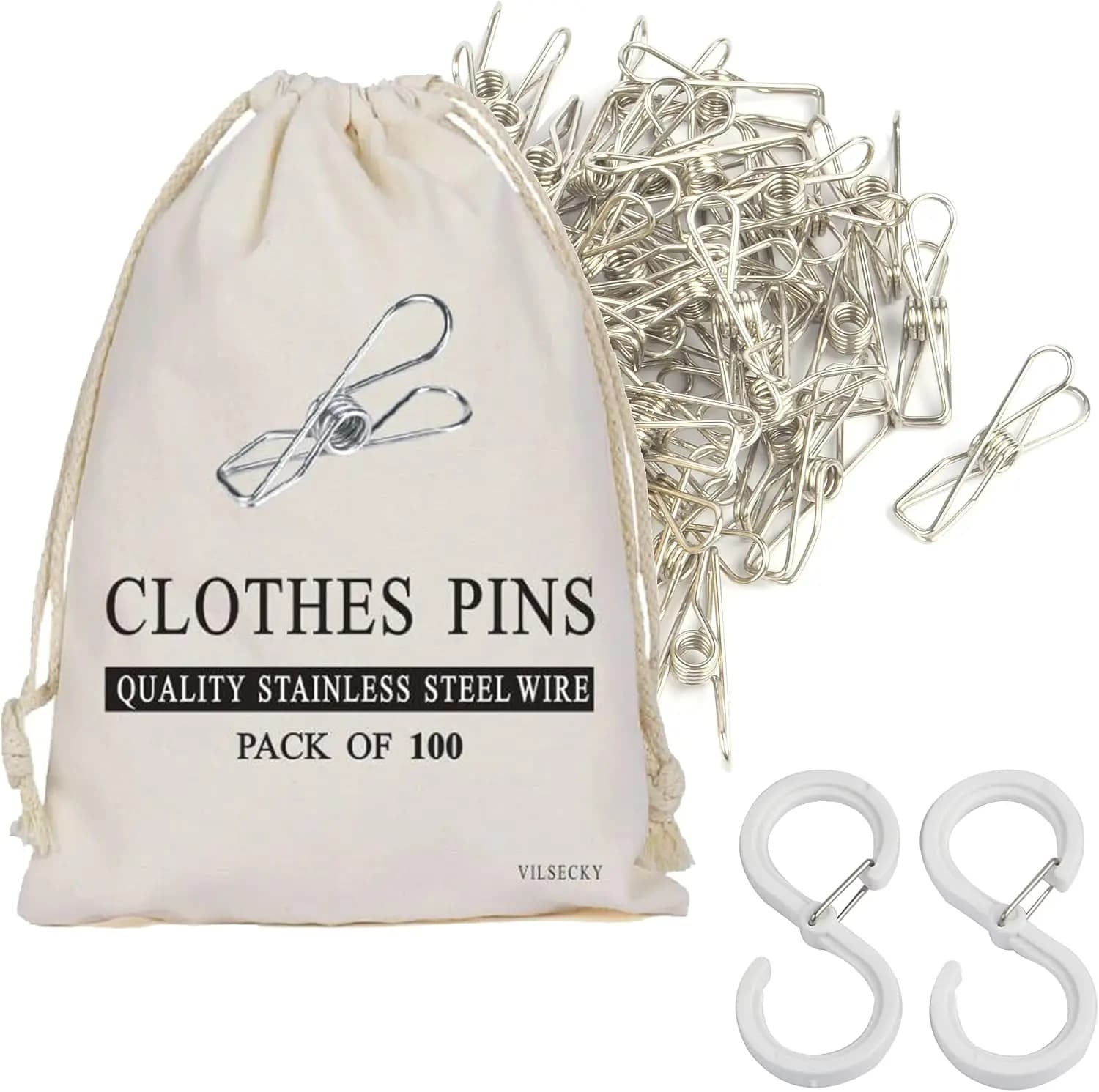 100 Pcs Stainless Steel Clothespins, Heavy Duty Clips with Storage Bag and Hooks, for Laundry, Sealing, and Organizing