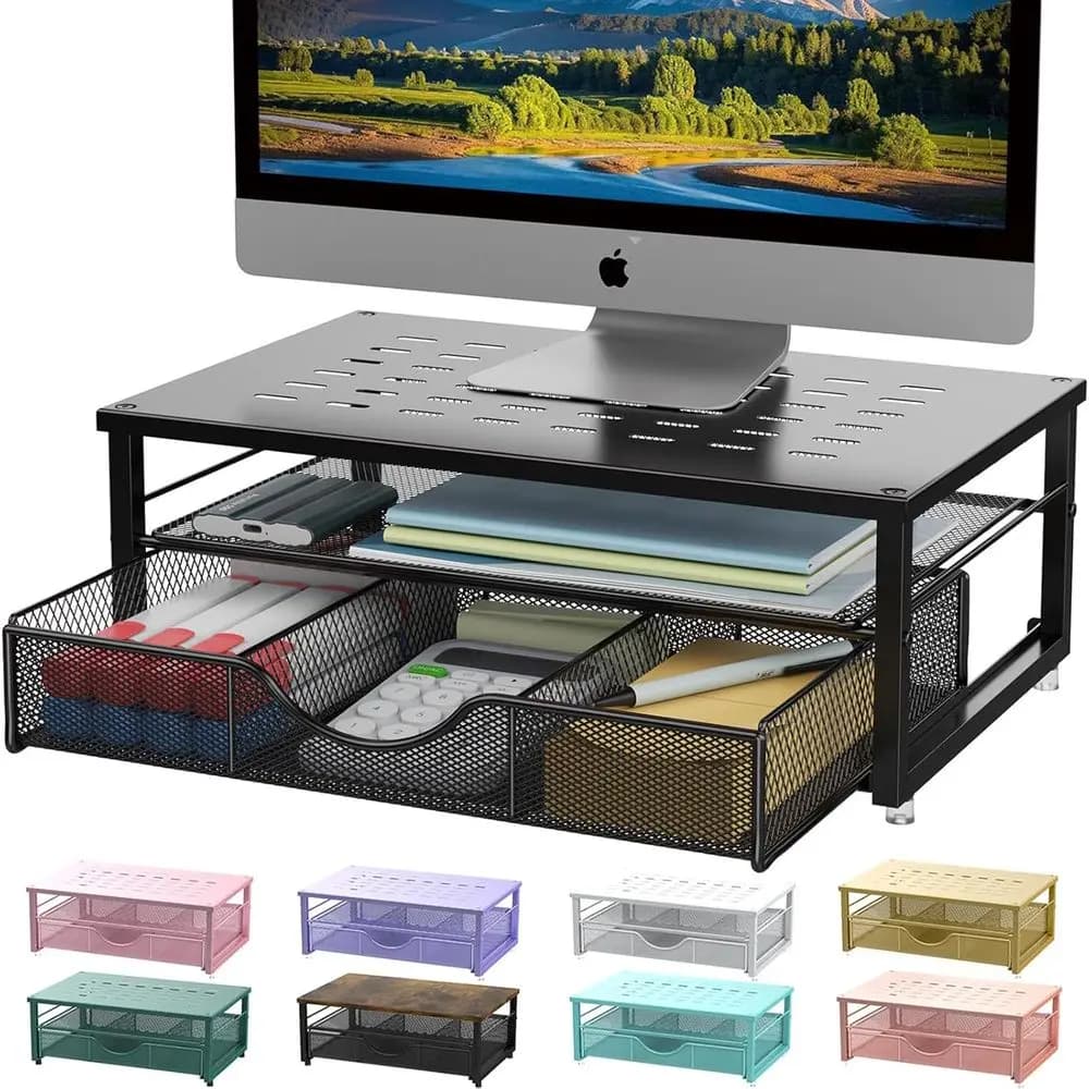 Supporto per Monitor con Organizer da Scrivania e Vano Portaoggetti, Accessori per Ufficio e Organizzatore per Spazio di Lavoro, Nero