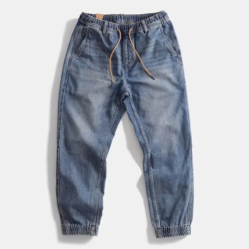 Retro Blue Men's Jeans Elastic Waist Cargo Pants Wear-resistant Straight Leg Harlan Trousers Spring Autumn Winter Casual Cott...