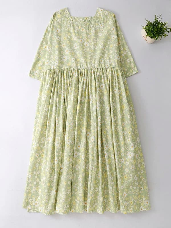 Green Floral Cotton Linen Dress Women's Spring Summer Loose Slimming Mid-Length A-Line Skirt Casual Style Loose Waist